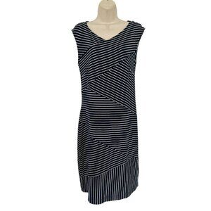 Ann Taylor Women's Sz M Navy Blue White Asymmetrical Stripe Sheath Bandage Dress
